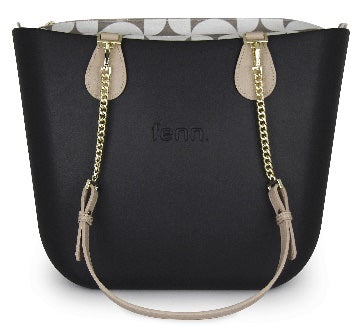 Original Collection – Black – Pattern Inner – Gold Chain Handle – Light Stone Strap